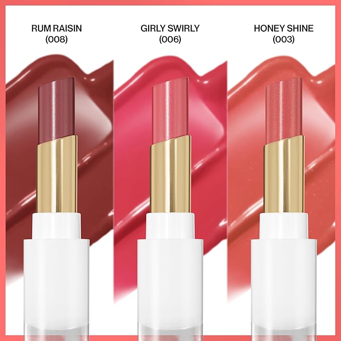 REVLON Super Lustrous Glass Shine Balm Gift Set, 3-Piece, Lipstick Multipack, Hydrating Tinted, Sheer Glossy Finish, 003 Honey Shine, 008 Rum Raisin, 006 Girly Swirly