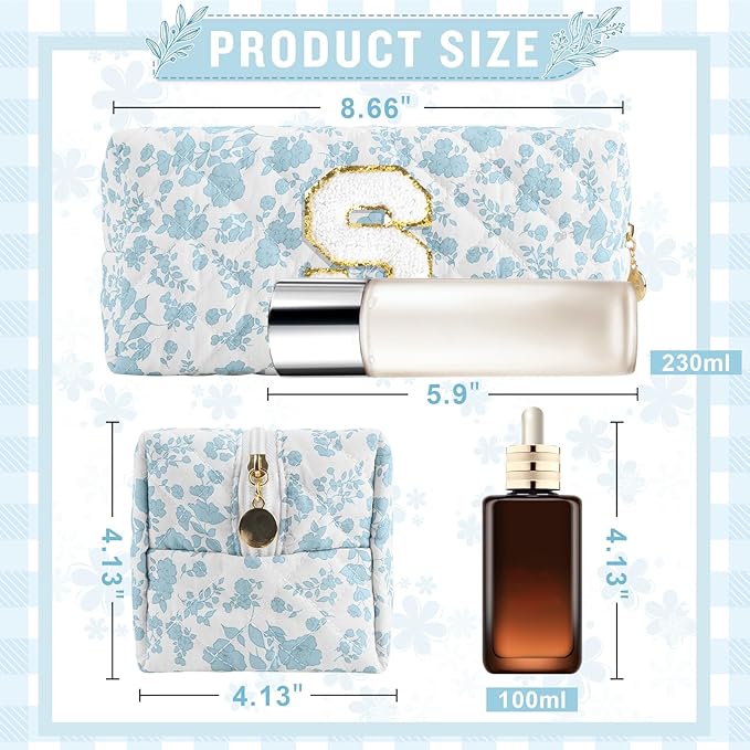 Personalized Quilted Cosmetic Bag, Puffy Monogrammed Christmas Birthday Gifts for Women & Girls, Cute initial Floral Makeup Bag Puffer Coquette Bag, Aesthetic Travel Toiletry Zipper Pouch(Blue,S)