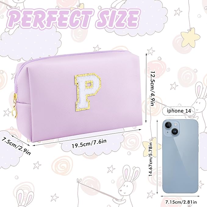 Gifts for Girls Initial Makeup Bag Personalized Cosmetic Bag with Zipper Cute Travel Toiletry Bag Waterproof PU Preppy Makeup Pouch Birthday Gift for Teen Girls Women(Purple P)
