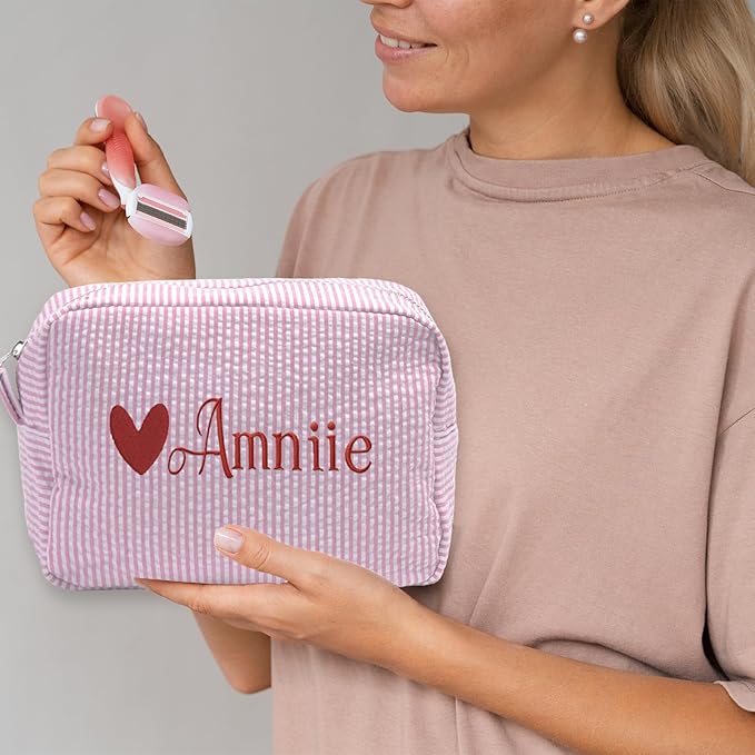 Custom Makeup Bag Personalized Cosmetic Bag Cute Seersucker Travel Toiletry Bag for Women Embroidered Bag Organizer for Bride Makeup Bag Gift Pink
