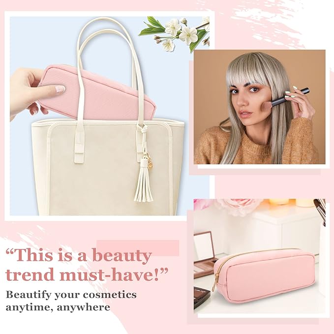 Nylon Slim Makeup Bag, Preppy Cute Makeup Brush Bag Pink Makeup Organizer for Women Men Girls - Waterproof Travel Toiletry Cosmetic Zipper Pouch
