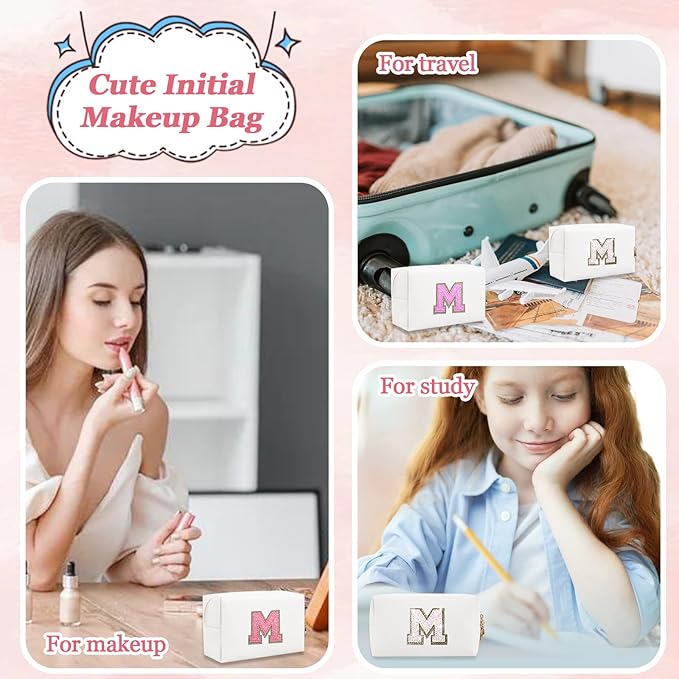 Initial Letter Patch Makeup Bag, Small Preppy A-Z Glitter Letter Cosmetic Bag, PU Leather Waterproof Travel Toiletry Bag,Cute Make Up Pouch Personalized Monogrammed Gift for Women Teen Girls(Letter M)