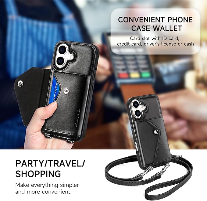 LUCKYCOIN Crossbody Wallet Phone Case for iPhone 17,100% Genuine Leather Wallet Phone Case with Expandable Flip Card Holder,Phone Purse for Women with Adjustable Removable Strap - Black