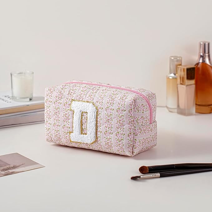 JOVAKIT Makeup Bag Cosmetic Bags for Women, Christmas Gifts for Girls Age 6-18, Alphabet Pink Floral Coquette Zipper Travel Makeup Pouch, Organizer Case Trendy Stuff (Pink Floral D)