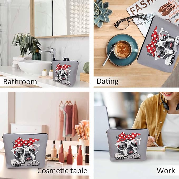 Makeup Bag French Bulldog Makeup Bags For Purse Pouch, Cute Puppy Bulldog Glasses Travel Toiletry Bag Cosmetic Bag Makeup Bags Flax Makeup Organizer Bag Pencil Pouch For Man Woman, Gray