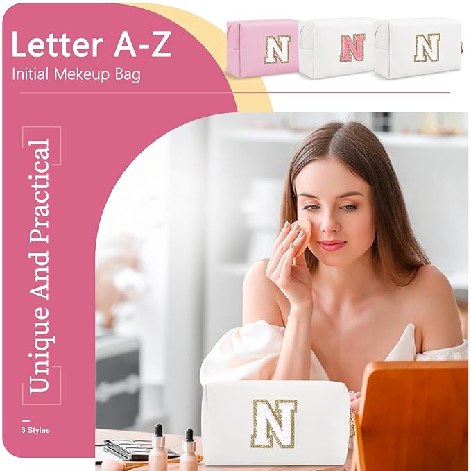 Small Personalized Initial A-Z Preppy Patch Makeup Bag,White PU Chenille Letter Travel Cosmetic Pouch with Zipper,Cute Toiletry Bag,Gift Ideal for Teen Girls Women Teacher Bridesmaid,Letter N