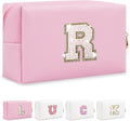 Personalized Initial Letter Makeup Bag, Small Glitter Letter Patch Cosmetic Pouch Zipper, Preppy Makeup Organizer PU Waterproof Travel Toiletry Bag, Monogrammed Birthday Gift for Women Girls