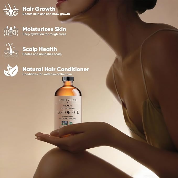 SPORTYOUTH Organic Castor Oil Cold Pressed Hexane Free 32 oz Glass Bottle USDA Certified 100% Pure Unrefined Carrier Oil for Hair Growth, Scalp, Castor Oil Pack, Eyelashes, Brows, Skin, Face, Body