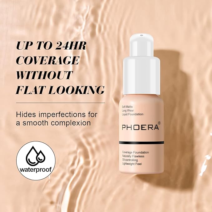 BestLand PHOERA Foundation Full Coverage Liquid Foundation Cream - Long-lasting Lightweight Concealer - Oil-Free Formula - Natural Shade - Suitable for All Skin Types (Buff Beige #104)