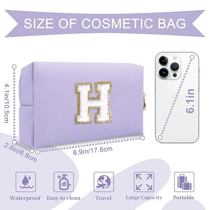 Personalized Makeup Bag Initial A-Z Preppy Patch Bag,Small PU Leather Travel Cosmetic Bag Pouch with Zipper,Purple Cute Toiletry Bag,Gift Ideal for Teen Girls Women Birthday Friend Mom,Latter H