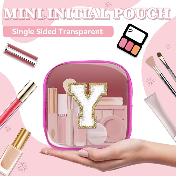 Mini Clear Personalized Initial Makeup Bag, Small Preppy A-Z Chenille Letter Patch Cosmetic Pouch, Transparent PVC & Nylon Waterproof Zip Beach Toiletry Bag,Gift for Women Girls(Hot Pink-White Y)