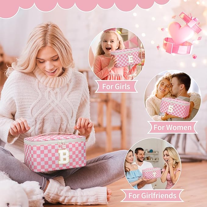 OCHEAL Makeup Bag for Women, Monogram Cosmetic Bag with Brush Holder, Pink Travel Makeup Case Beauty Toiletry Bag Organizer Personalized Gifts for Girls Bridesmaid, Sister, Wife, Friends Initial K