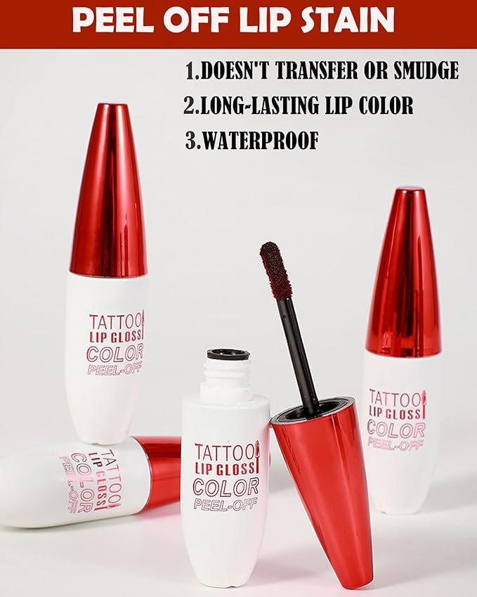 Peel Off Lip Stain Tattoo Lip Gloss,Red Matte Lip Liner Stain Peel Off Waterproof Long Lasting,Highly Pigmented Transfer-Proof Nude Lips Tint Non-Stick Tinted Liquid Lipstick Makeup for Women-03