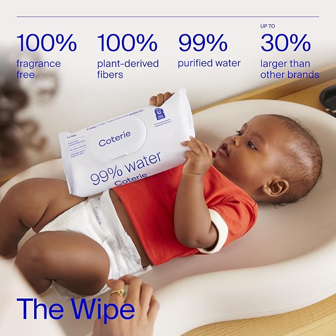 Coterie Baby Wipes + Diapers Kit, Size 1 (99 Count) & Size Newborn Diapers (93 Count), 8 Pack (448) Baby Wipes with 99% Water, Plant Based Materials, Hypoallergenic for Sensitive Skin