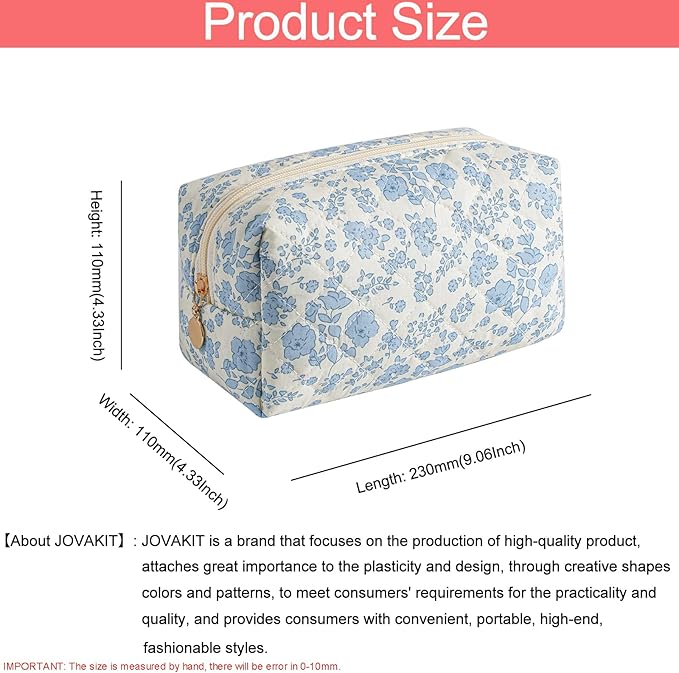 JOVAKIT Square Makeup Bag Cute Cosmetic Bag for Women, Floral Coquette Aesthetic Toiletry Bag, Zipper Make Up Pouch, Travel Make Up Organizer Bag (Blue+Big Purple Floral)