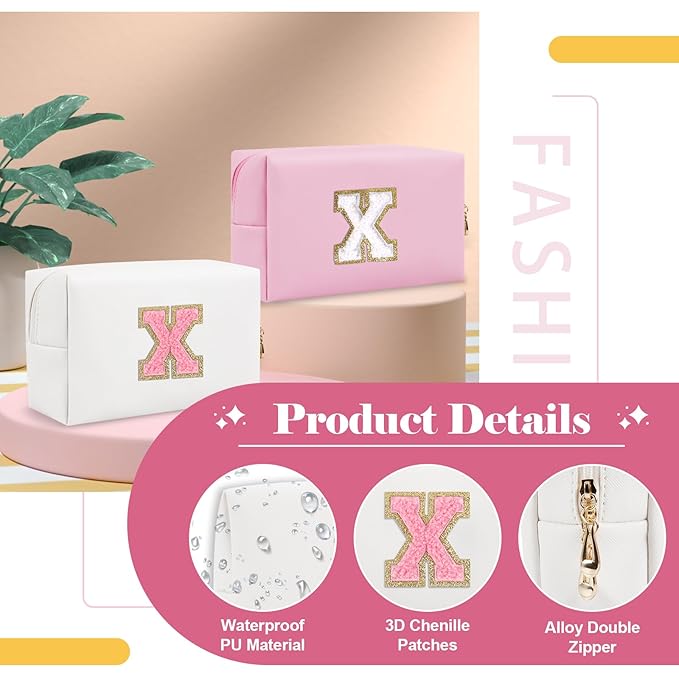 Personalized Makeup Bag Initial A-Z Preppy Patch Bag,Small PU Leather Travel Cosmetic Bag Pouch with Zipper,White Cute Toiletry Bag,Gift Ideal for Teen Girls Women Birthday Friend Mom,Letter X