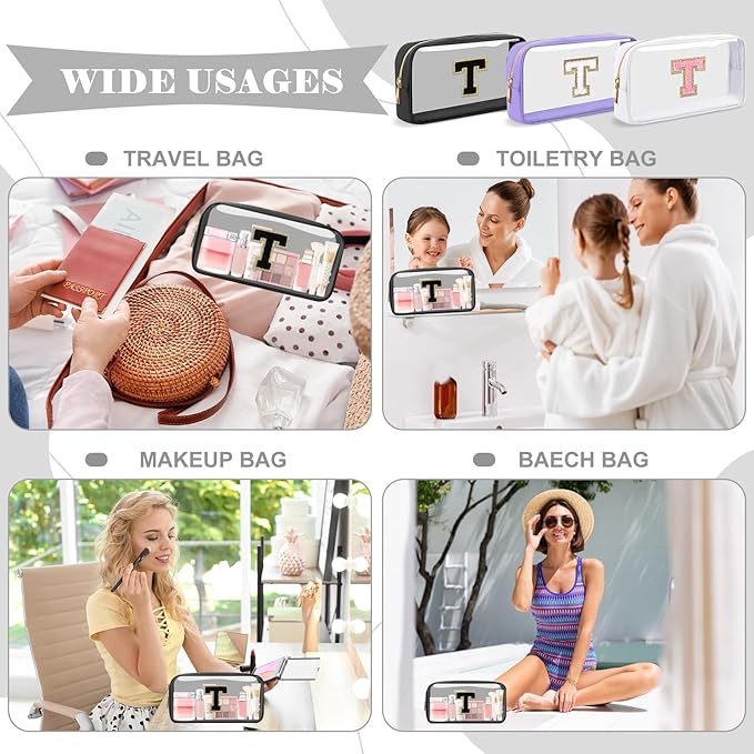 Personalized Initial Letter Clear Makeup Bag,Preppy Small Nylon&PVC Cosmetic Zipper Bag with Chenille Letter,Travel Skincare Toiletry Bag,Monogram Christmas Gift for Teen Girls Women,T