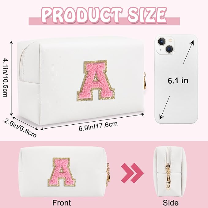 Personalized Initial Preppy Patch Makeup Bag, Small Travel Cute Cosmetic Pouch Makeup Case Toiletry Zipper Pouch, Monogram Waterproof PU Leather Chenille Letter Storage Bag Gift for Women(Letter A)