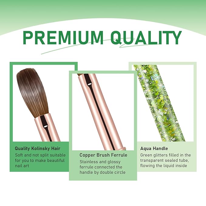 Acrylic Nail Brush Size #16, KEMEISI 100% Pure Kolinsky Nail Art Brushes Sturdy Handle Oval Shaped Acrylic Powder Nail Design Tools for Professional Manicure DIY Home Salon (Green)