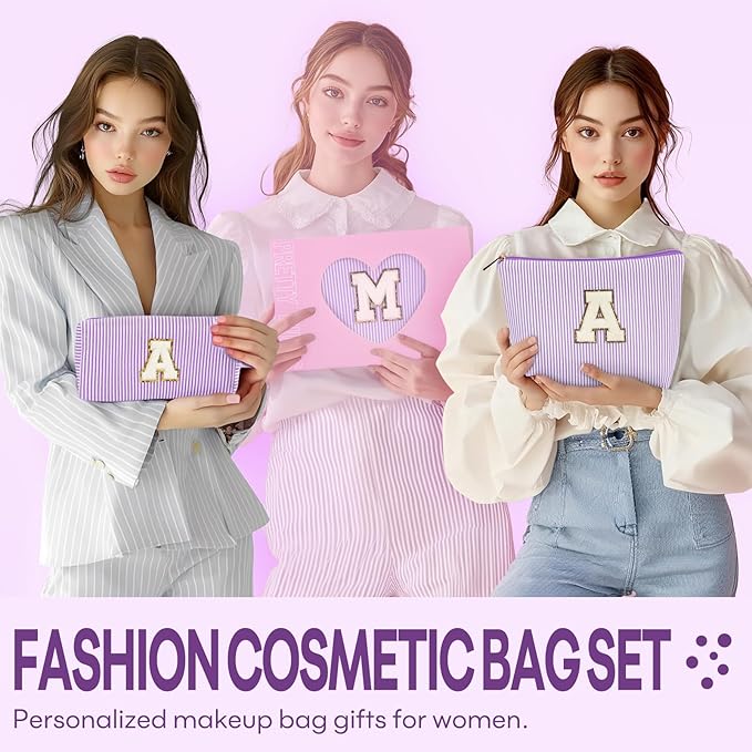 2 PCS Initial Makeup Bags for Women: Cosmetic Bag for Travel Toiletry - Birthday Gifts for 11 12 13 14 15 16 17 18 Years Old Girl Graduation Teacher Gift- Teen Girl Gifts Trendy Stuff - Purple I