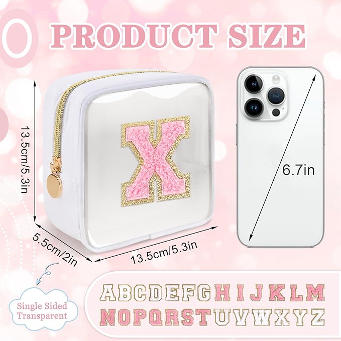 Mini Clear Personalized Initial Makeup Bag, Small Preppy A-Z Chenille Letter Patch Cosmetic Pouch, Transparent PVC & Nylon Waterproof Zip Beach Toiletry Bag,Gift for Women Girls(White-Pink X)