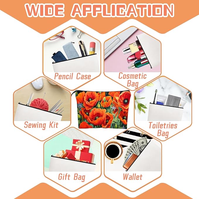 Cosmetic Bags Travel Makeup Toilet Case Waterproof Pouch for Women Girls 6.7X9.45inches - Vibrant Orange Poppies With Greenery