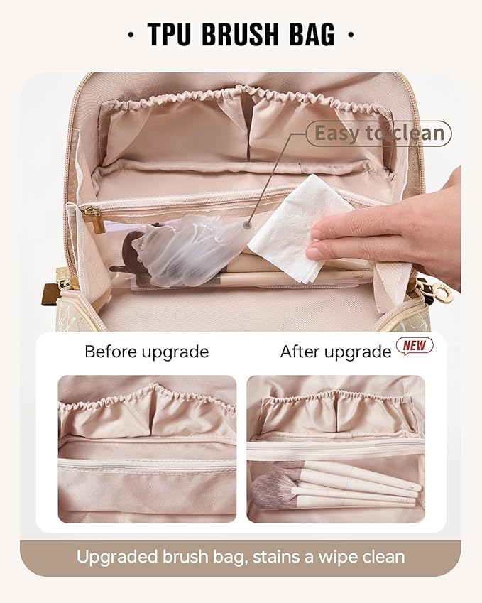 EACHY Travel Makeup Bag, Large Capacity Cosmetic Bags for Women, Waterproof Portable Pouch Open Flat Toiletry Bag Pattern Makeup Bag (F-Brown)