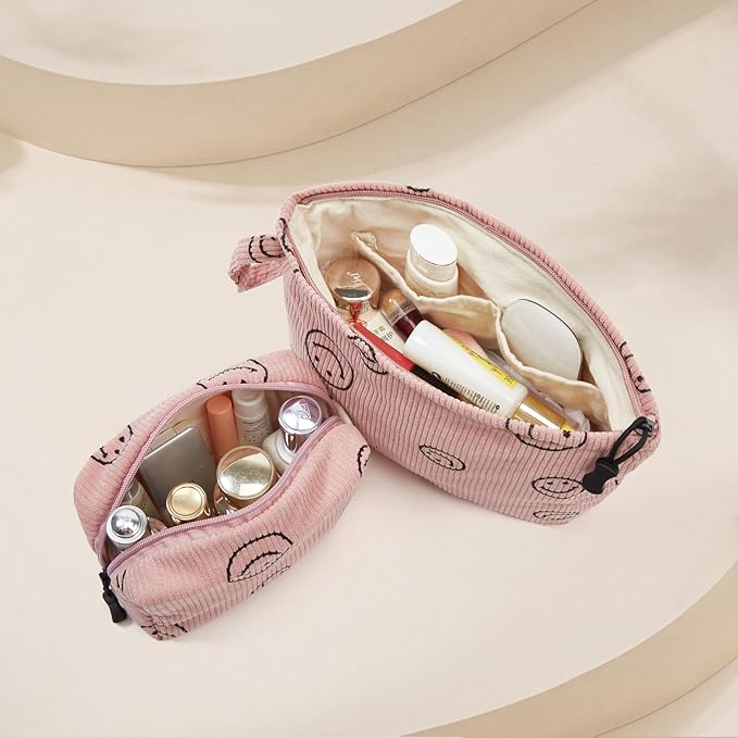 Makeup bag set small Cosmetic bag for women purse Corduroy Organizer with interior Pockets,cute Pencil zipper Pouch travel Toiletry Bag with handle(Smile face Pink)