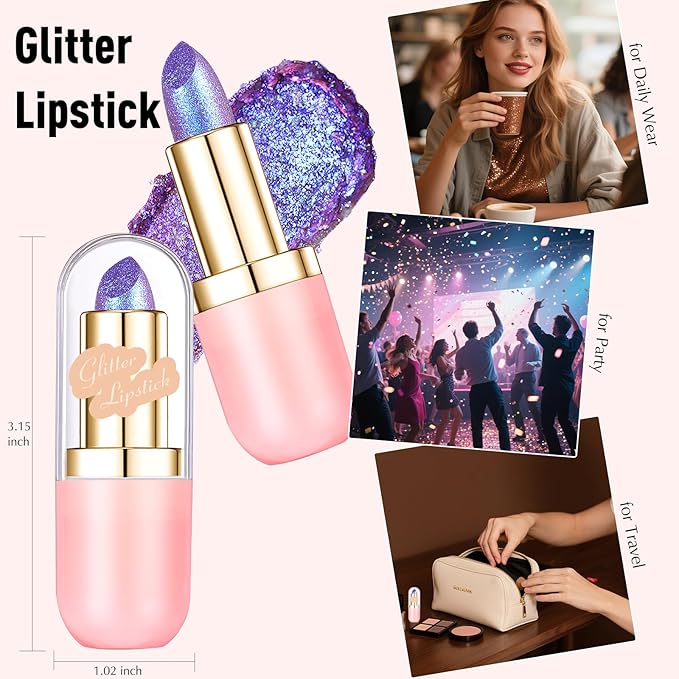 Purple Metallic Lipstick, Holographic Glitter Lip Stick for Women Makeup Long Lasting Lightweight Non-Sticky Hydrating Lip Tinted Full Coverage High-Shine Sparkling Shimmer Chameleon Lipstick