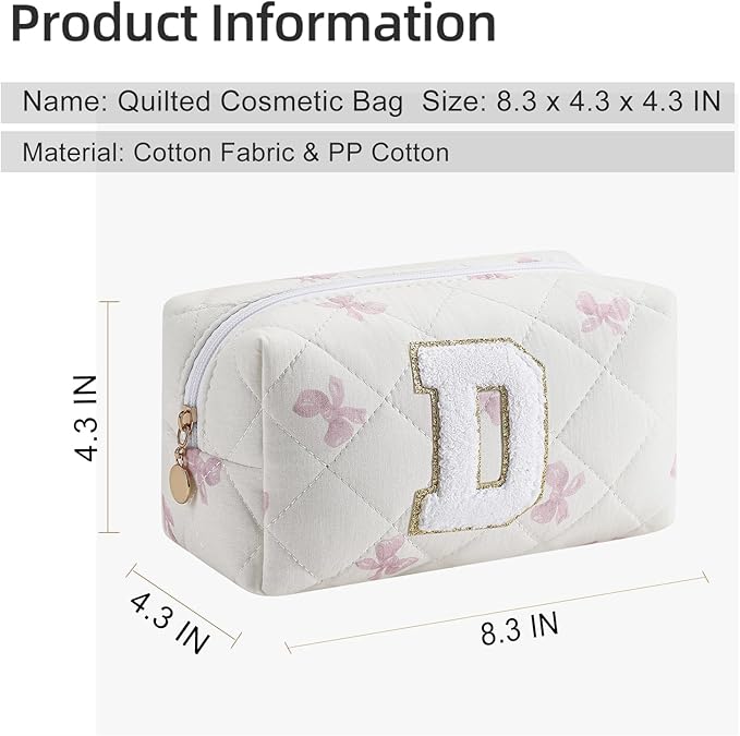 Gleyemor Personalized Initial Makeup Bag for Women, Cute Quilted Pink Floral Cotton Cosmetic Bag, Christmas Gifts for Her Mom Friend Sister Bridesmaid Teacher Women D