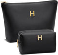 Women Gifts | Initial Makeup Bag Set for Girl Personalized Gifts for Bridesmaid Friend Graduation Teachers PU Leather Cosmetic Travel Toiletry Bag(Black,H)