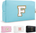 Personalized Small Initial Preppy Makeup Bag, Blue Cute Cosmetic Organizer Chenille Letter Travel Toiletry Zipper Pouch, Portable Waterproof Makeup Case Friendship Gifts for Families Friends(Letter F)