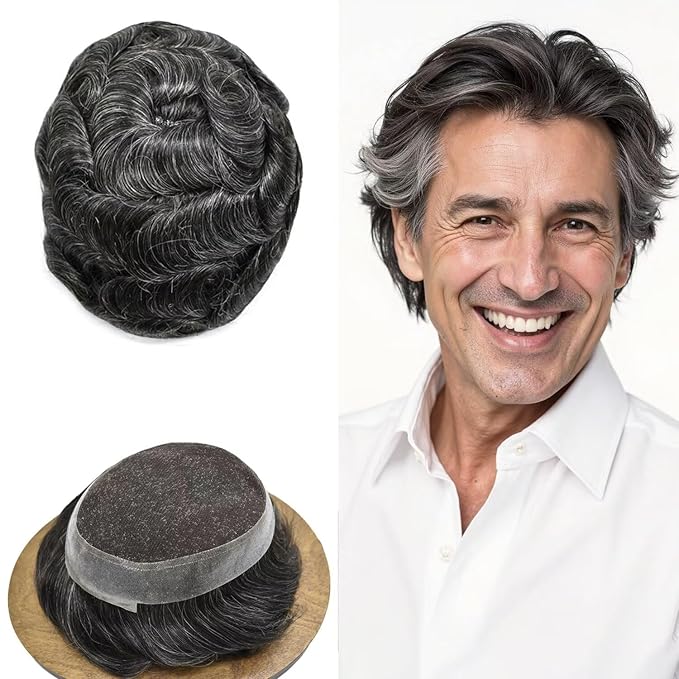 Toupee for Men French Lace Human Hair Replacement Systems Lace Center with Poly Around Hair Piece Mens Toupee Hair Units for Man V-Looped Front Male Hair Units 6"X8" #1B30