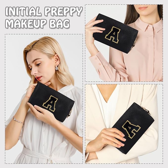 Personalized Initial Preppy Patch Makeup Bag, Small Cute Cosmetic Pouch Make Up Case Travel Toiletry Zipper Pouch, Monogram Waterproof PU Leather Chenille Letter Storage Bag Gifts for Women(Letter A)