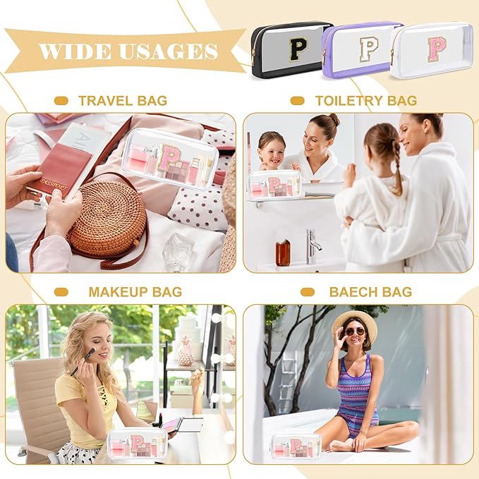 Personalized Initial Letter Clear Makeup Bag,Preppy Small Nylon&PVC Cosmetic Zipper Bag with Chenille Letter,Travel Skincare Toiletry Bag,Monogram Christmas Gift for Teen Girls Women,P
