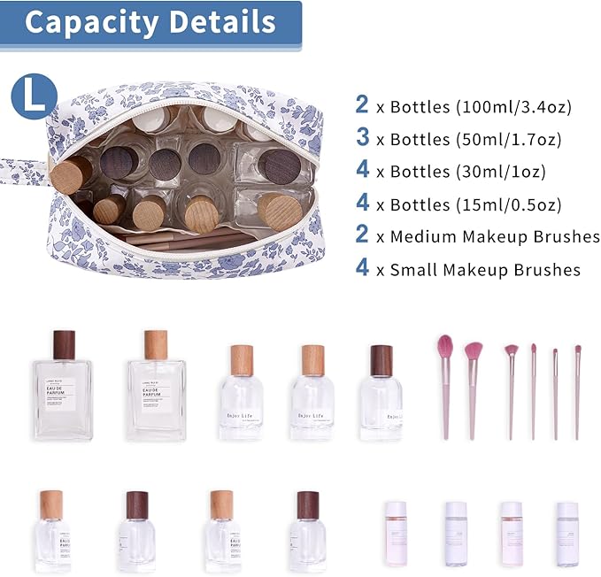 Narwey Cute Makeup Bag Small Toiletry Bag Travel Cosmetic Bag Organizer Make Up Bags with Organized Pockets for Women (Little Grayish Blue Flower, Large)