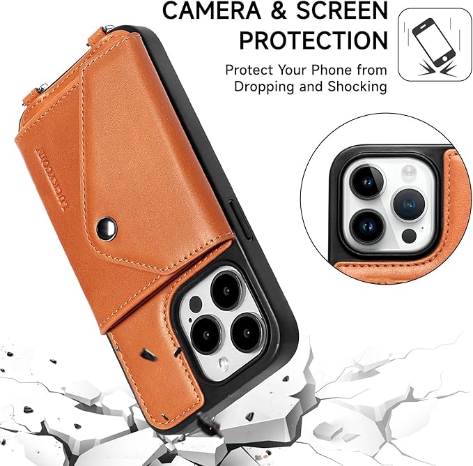 LUCKYCOIN Crossbody Wallet Phone Case for iPhone 15 Pro,100% Genuine Leather Wallet Phone Case with Expandable Flip Card Holder,Phone Purse for Women with Adjustable Removable Strap - Brown