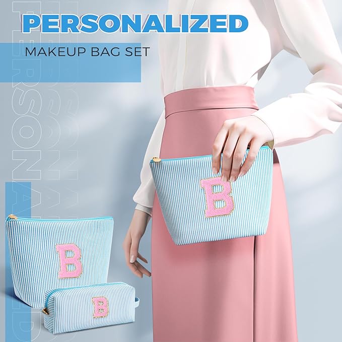 Bridesmaid Gifts Wedding Day - Bridal Shower Gifts,Maid of Honor Gifts,Initials Makeup Bag Set Cosmetic Bag - Blue,B