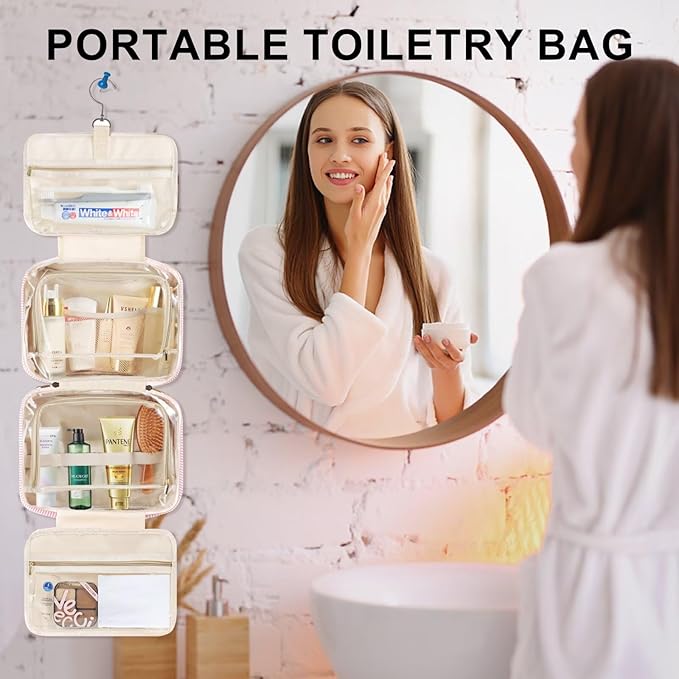TOPEAST Hanging Toiletry Bag for Women - Travel Toiletry Bag Makeup Bag, Portable Toiletries Cosmetic Bag, Airplane Travel Essentials - Letter N, Pink