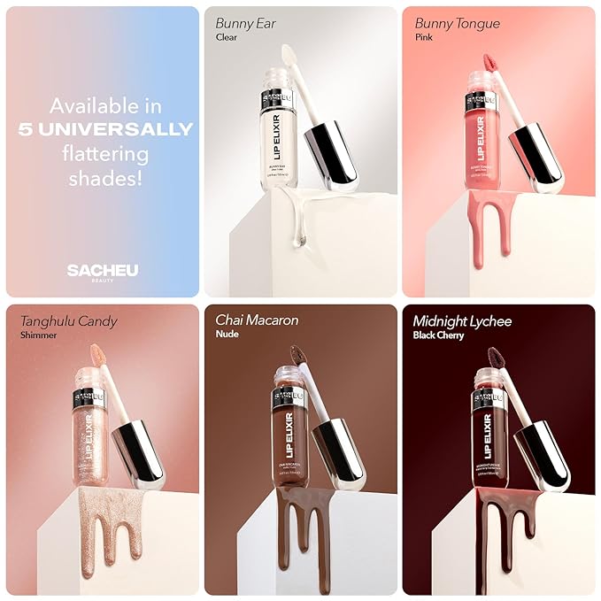 Sacheu Lip Elixir Nourishing and Hydrating Lipgloss — Moisturizing Plumping Lip Gloss Enriched with Collagen, Non-Sticky Lip Color Smooth High-Shine Finish, Vegan & Cruelty-Free, Bunny Ear (Clear)