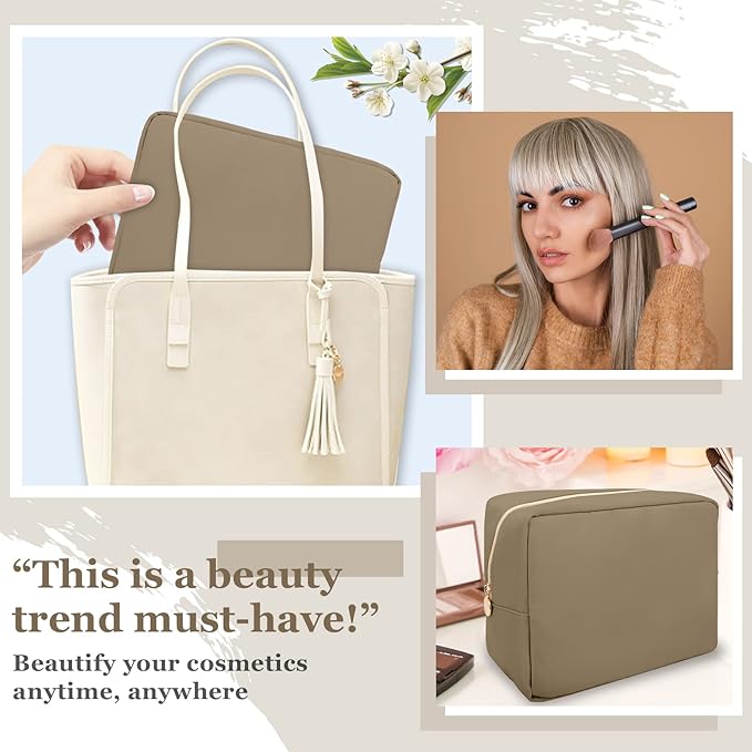 Nylon Large Makeup Bag Travel Pouch for Women, Preppy Big Makeup Bag Cute Cosmetic Zipper Pouch Purse, DIY Chenille Letter Bag Waterproof Toiletry Bag Clutch Make Up Organizer for Women Girls(Khaki)