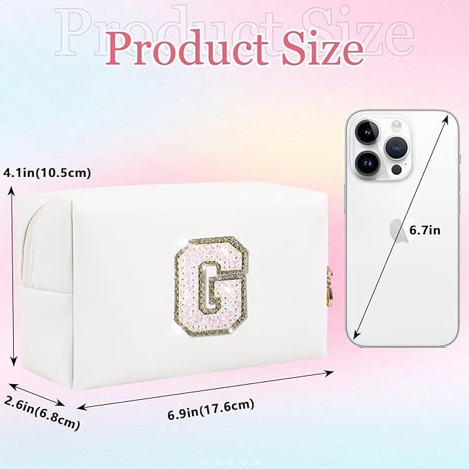 Small Personalized Glitter Initial Letter Makeup Bag, Cute PU Leather Chenille Letters Cosmetic Bag Travel Makeup Pouch, Preppy Travel Organizer Zipper Pouch for Women&Girls（White-G）