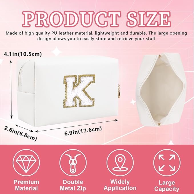 Iqimott Personalized Initial Letter Patch Makeup Bag, Preppy Portable Chenille Letter Cosmetic Bag with Zipper, PU Leather Waterproof Travel Toiletry Bag Monogram Make Up Pouch Girls(Letter K)