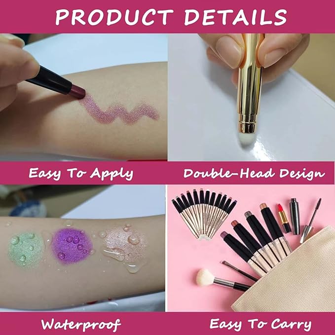 2 in 1 Eyeshadow Stick and Brush, Smooth Cream Shimmer Shadow Pencil, Long Lasting Waterproof Eye Shadow Highlighter, Hypoallergenic, Multi-Dimensional Eyes Look