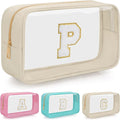Personalized Initial Clear Makeup Bag, Travel Chenille Patch Cosmetic Bag, Preppy Toiletry Bag Monogram Cosmetic Pouch with Zipper, Ideal Gift for Teen Girls Women (Clear-Beige, P)