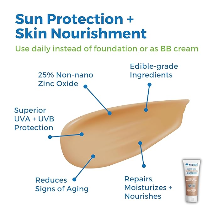 Waxhead Tinted Mineral Sunscreen for Face – Sheer Glow BB Cream Moisturizer with SPF 31, Non-Nano Zinc Oxide, Unscented, Non‑Comedogenic Mineral Facial Sunscreen, Wear under Makeup (Medium Tint 4oz)