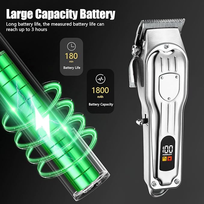 Gegong Professional Hair Clippers for Men, Cordless Hair Trimmer Kit, LCD Display Hair Cutting Set, Wireless Barber Clippers, Rechargeable Haircut Machine for Family (Silver)