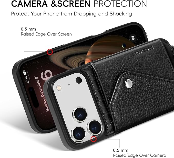LUCKYCOIN Crossbody Wallet Phone Case for iPhone 17 Pro Max,100% Genuine Leather Wallet Phone Case with Expandable Flip Card Holder,Phone Purse for Women with Adjustable Removable Strap - Pebble Black