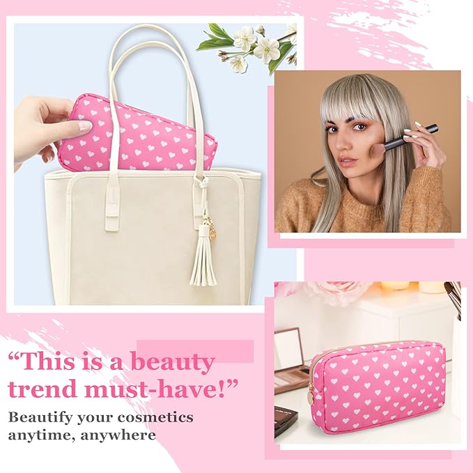 Nylon Small Makeup Bag for Purse, Cute Makeup Bag Preppy Cosmetic Zipper Pouch Purse, Waterproof Portable Travel Toiletry Bag Clutch Makeup Brush Bag Organizer Storage for Women Men Girls(Pink Heart)