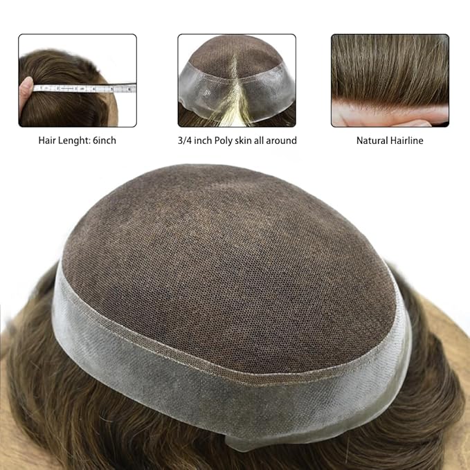 FACE MIRACLE Lace Front Mens Toupee Human Hair System Swiss Lace Center Toupee for Men Thin Skin PU Around Hair Replacement System V-Looped Mens Hair Wig Units 8"X10" 3# DARK BROWN